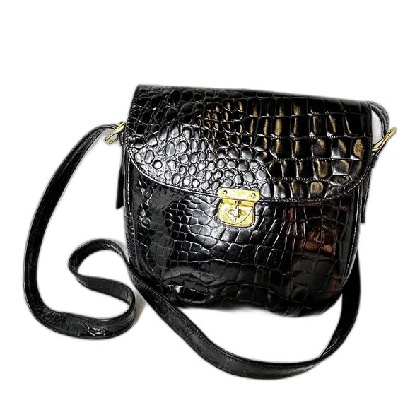 VTG Talbots Women's Black Croco Embossed Leather Turnlock Crossbody Shoulder Bag - Picture 1 of 14